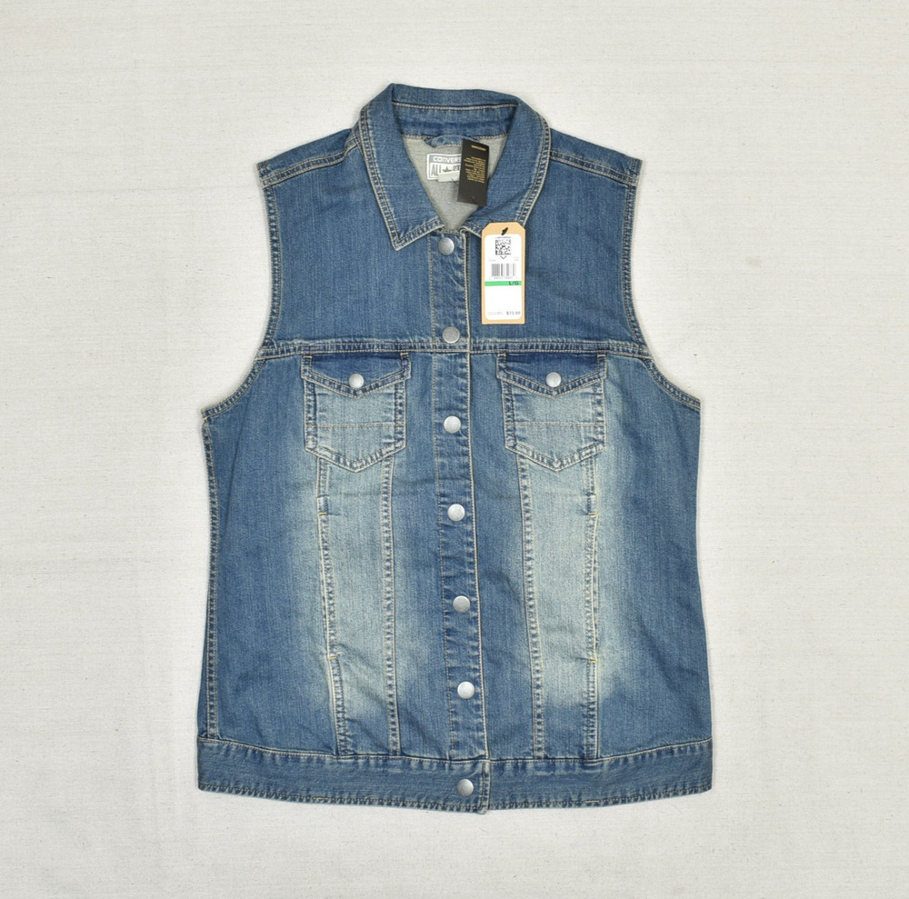 NEW Converse Men Snap Denim Vest Jacket Cotton Blend Blue Size L All Star Flag